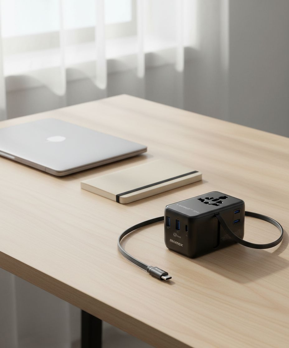 Compact universal travel adapter with retractable USB-C cable, minimalist design for international use — view 2