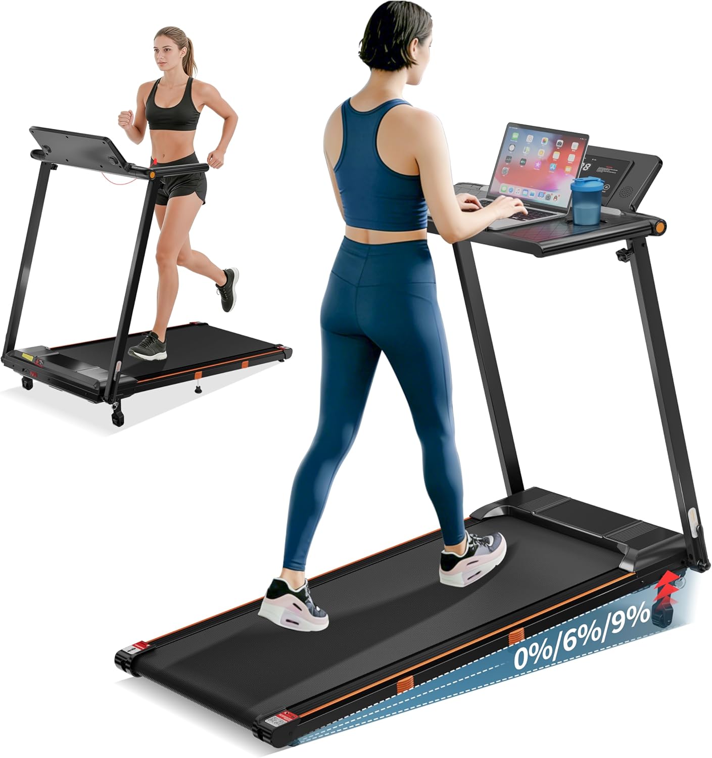 Portable under-desk walking pad treadmill with black finish and removable workstation attachment — view 1