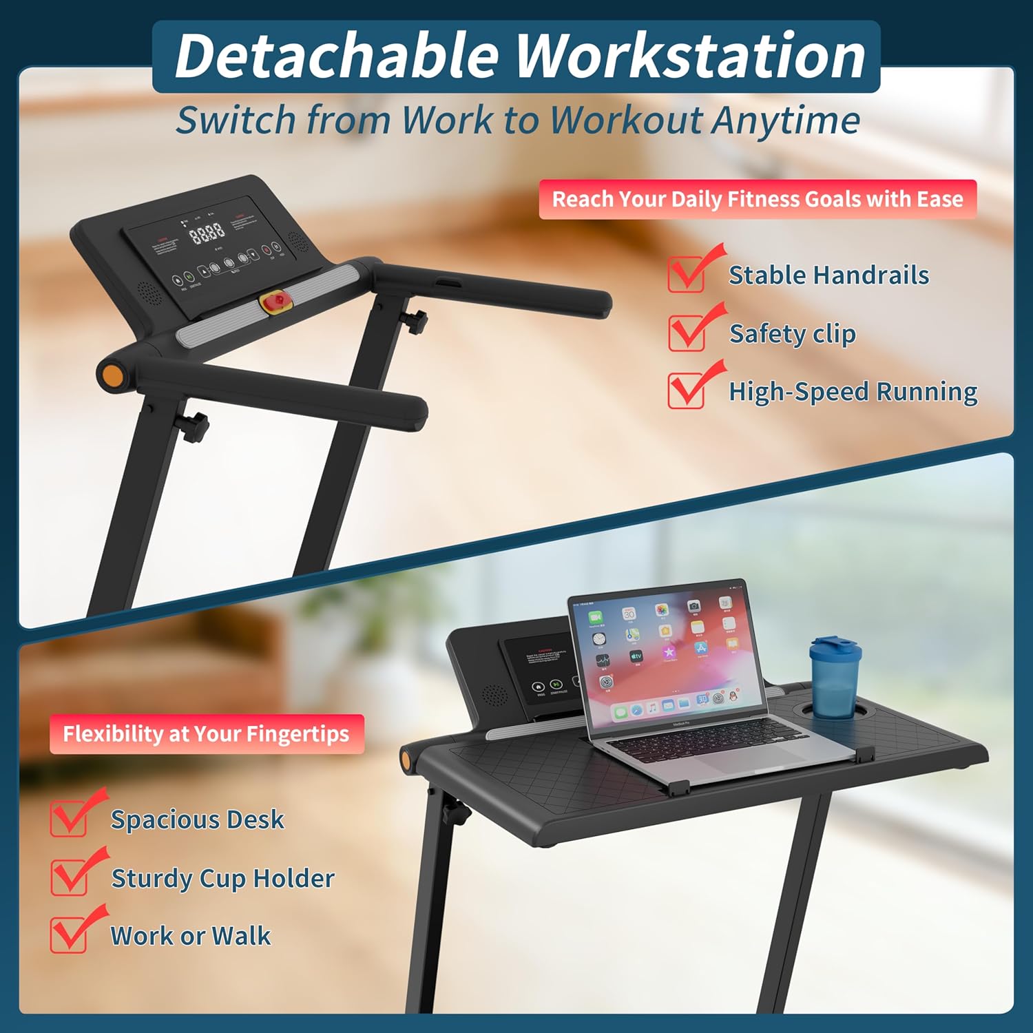 Portable under-desk walking pad treadmill with black finish and removable workstation attachment — view 3