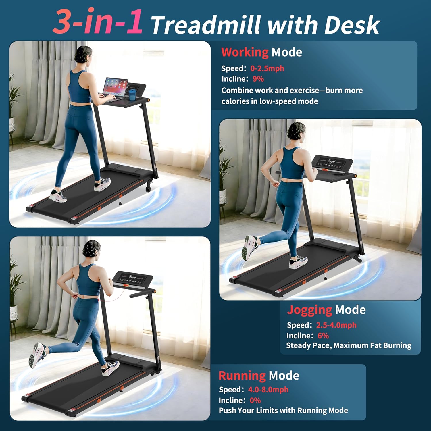 Portable under-desk walking pad treadmill with black finish and removable workstation attachment — view 3