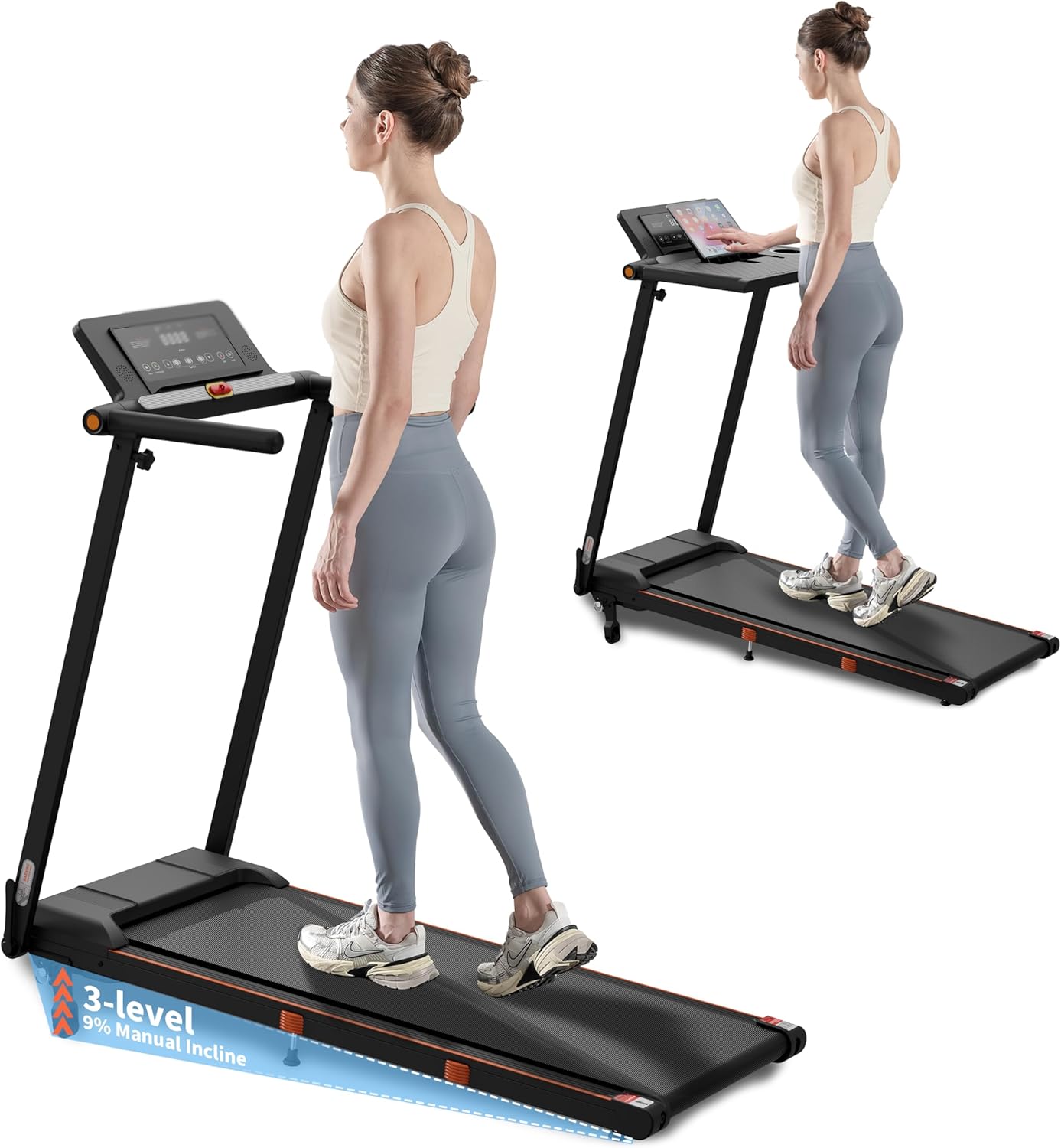 Portable under-desk walking pad treadmill with black finish and removable workstation attachment — view 3a