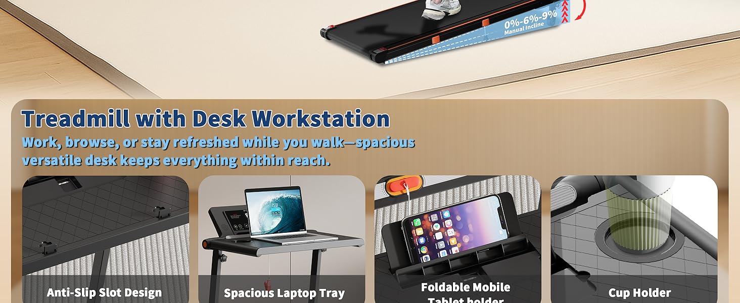Portable under-desk walking pad treadmill with black finish and removable workstation attachment — view 4