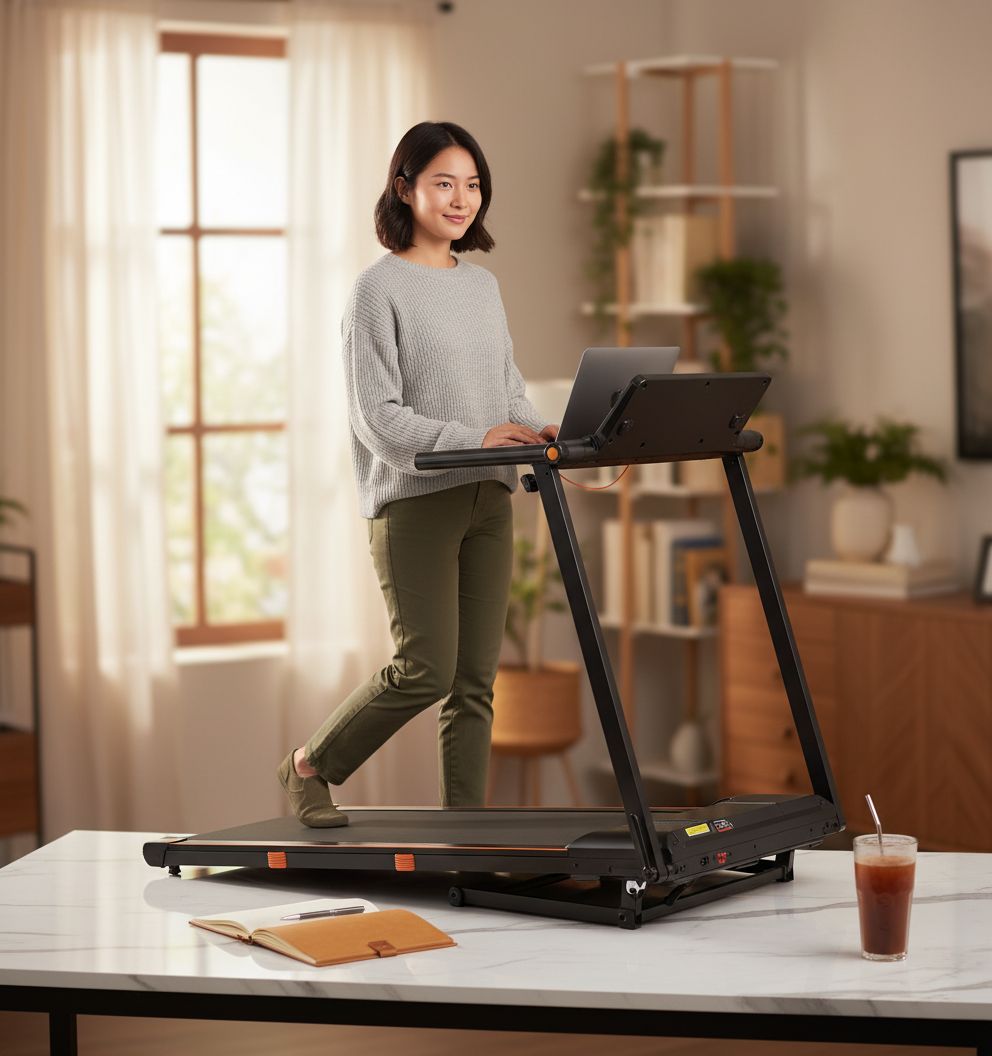 Portable under-desk walking pad treadmill with black finish and removable workstation attachment — view 1