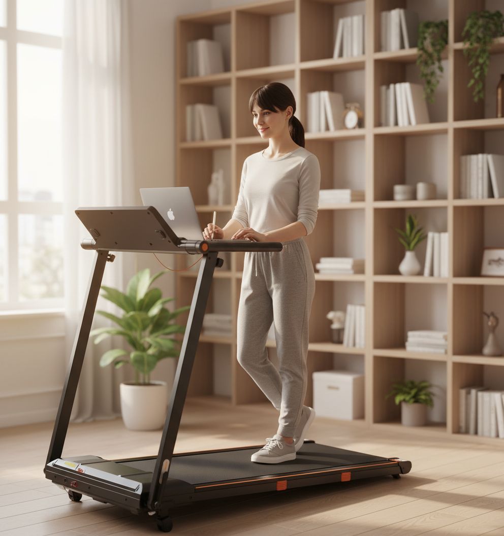 Portable under-desk walking pad treadmill with black finish and removable workstation attachment — view 2