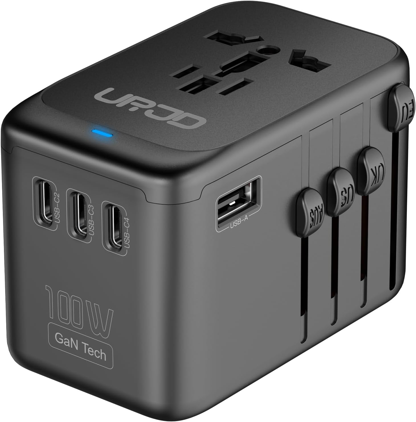 Universal Travel Adapter 100W GaN Fast Charger in One, 5 USB Ports & 2500W AC Outlet, International Power Adapter for Europe UK US 200+ Countries, Compatible for MacBook iPhone iPads Laptop Phone