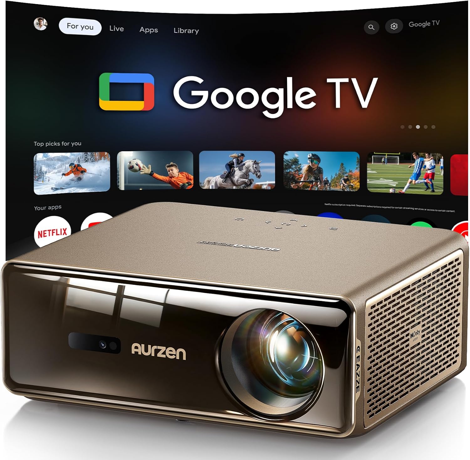 Aurzen EAZZE D1 MAX Google TV Smart Projector 4K Supported, Ultra-Bright 1000 ANSI Lumens, MEMC Tech, Fully Automatics, 20W DoIby Audio, Home Theater Movie Projector for Backyard Soccer Watch Party