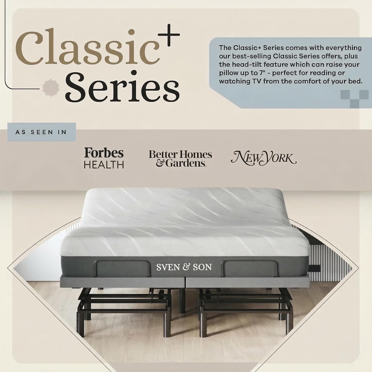 Adjustable bed base with head and foot lift, massage feature, under-bed LED lights, and USB charging port — side