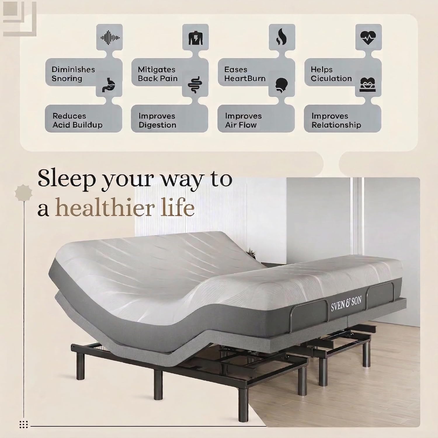 Adjustable bed base with head and foot lift, massage feature, under-bed LED lights, and USB charging port — back