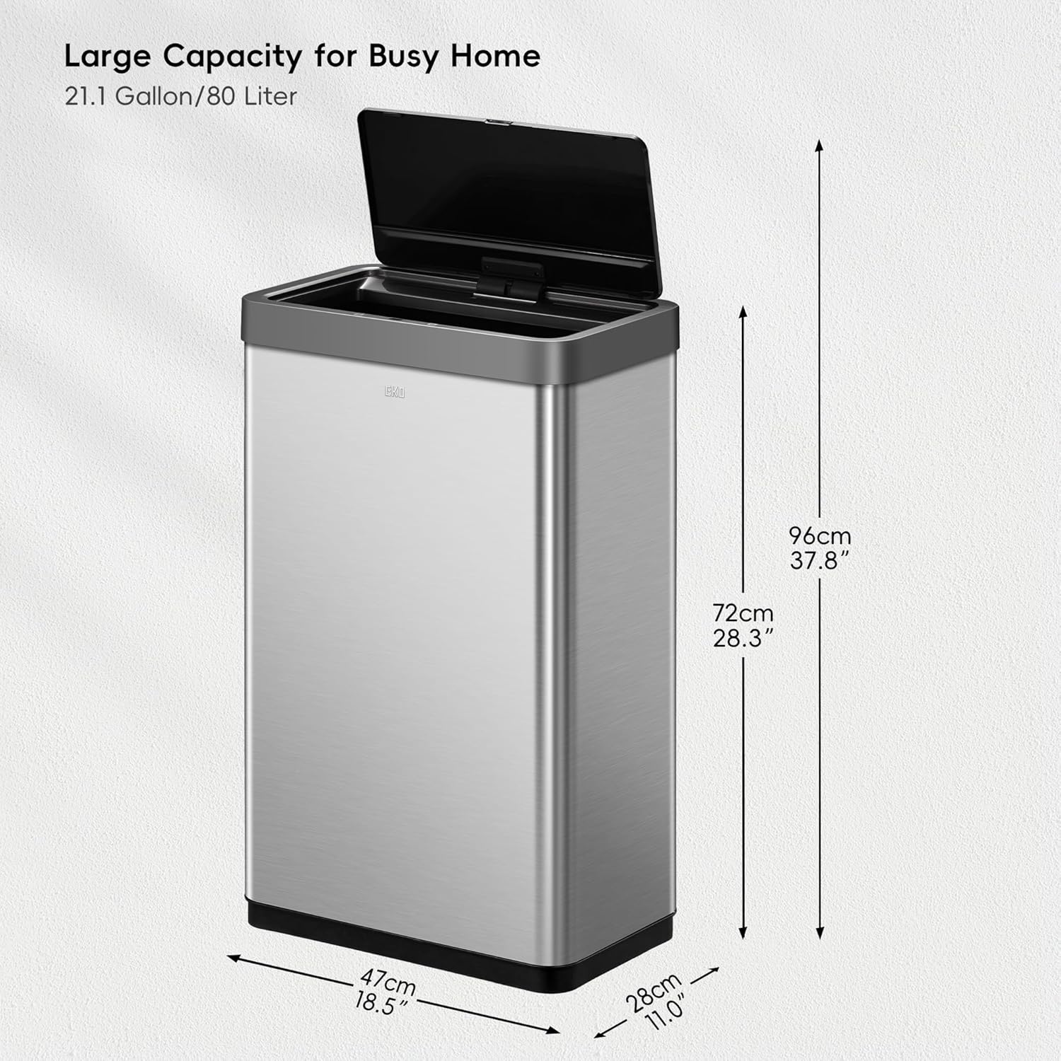 80-liter stainless steel motion sensor trash can with touchless automatic lid — side