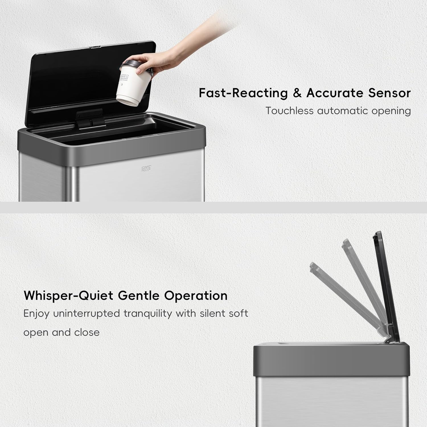 80-liter stainless steel motion sensor trash can with touchless automatic lid — detail