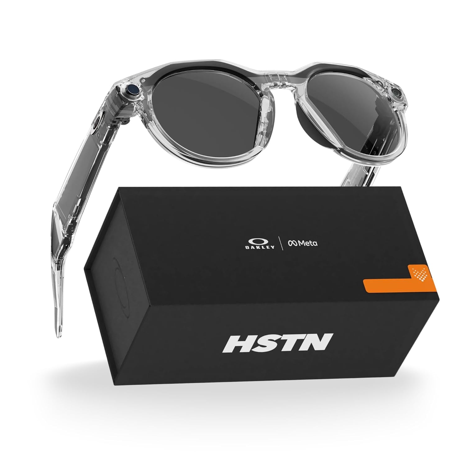 AI smart glasses with clear frame and Transitions grey lenses, front and side view — view 1