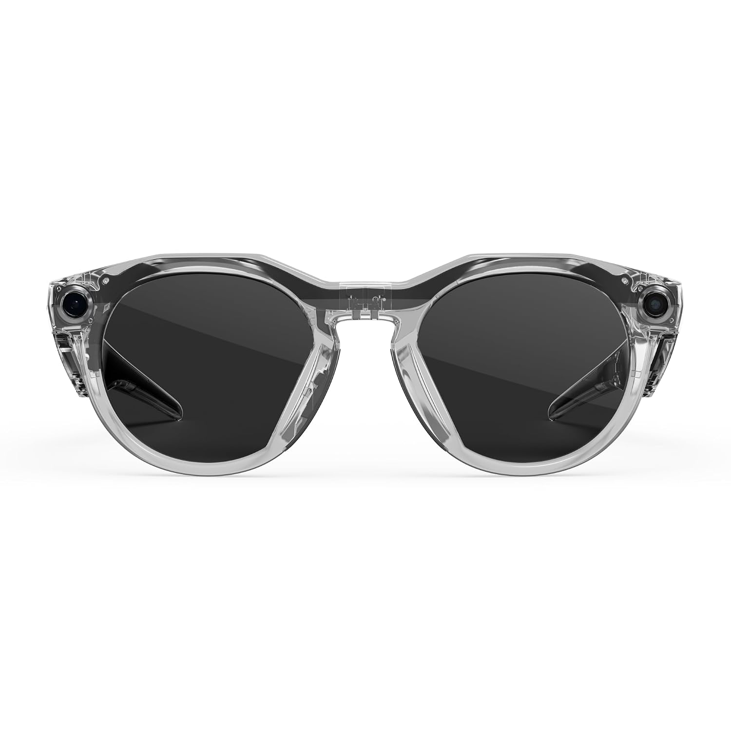 AI smart glasses with clear frame and Transitions grey lenses, front and side view — view 3