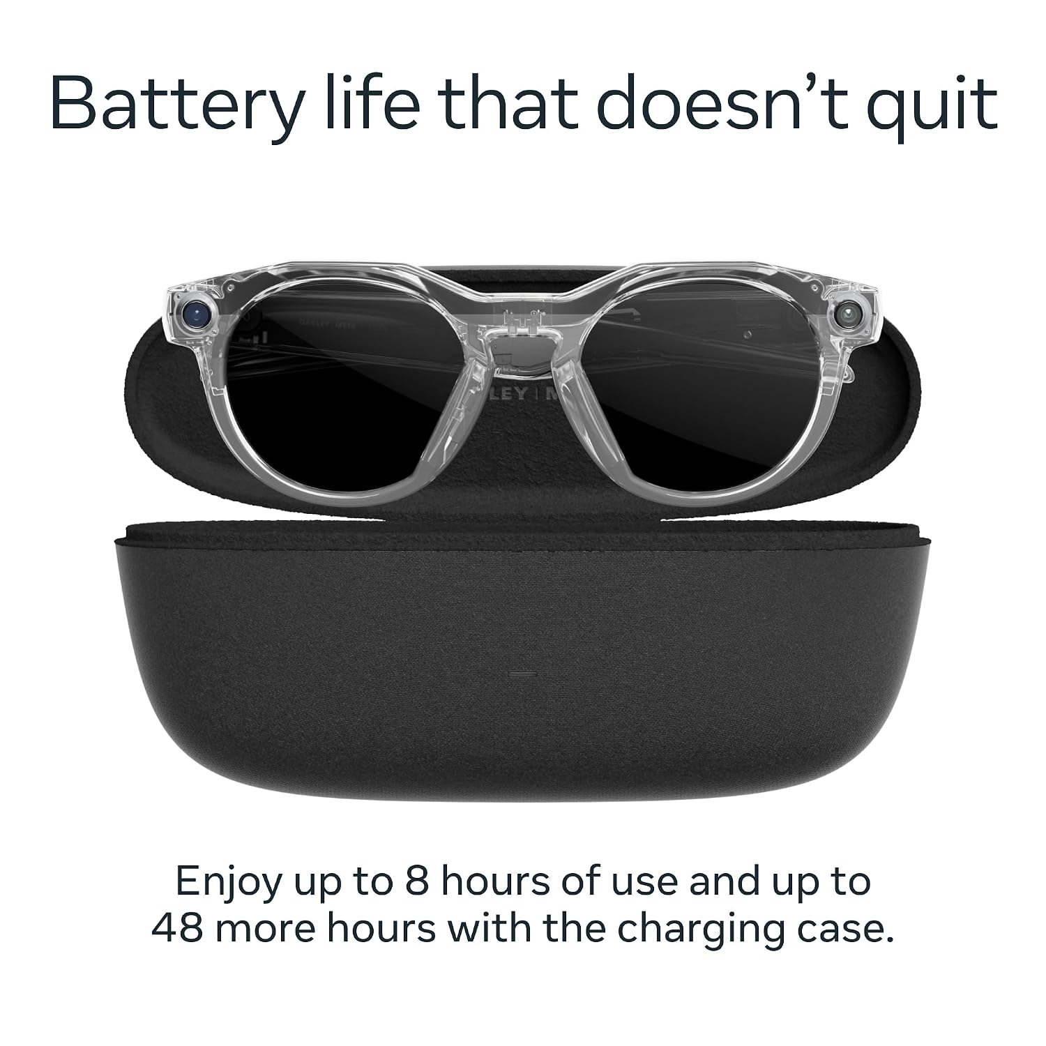 AI smart glasses with clear frame and Transitions grey lenses, front and side view — view 3