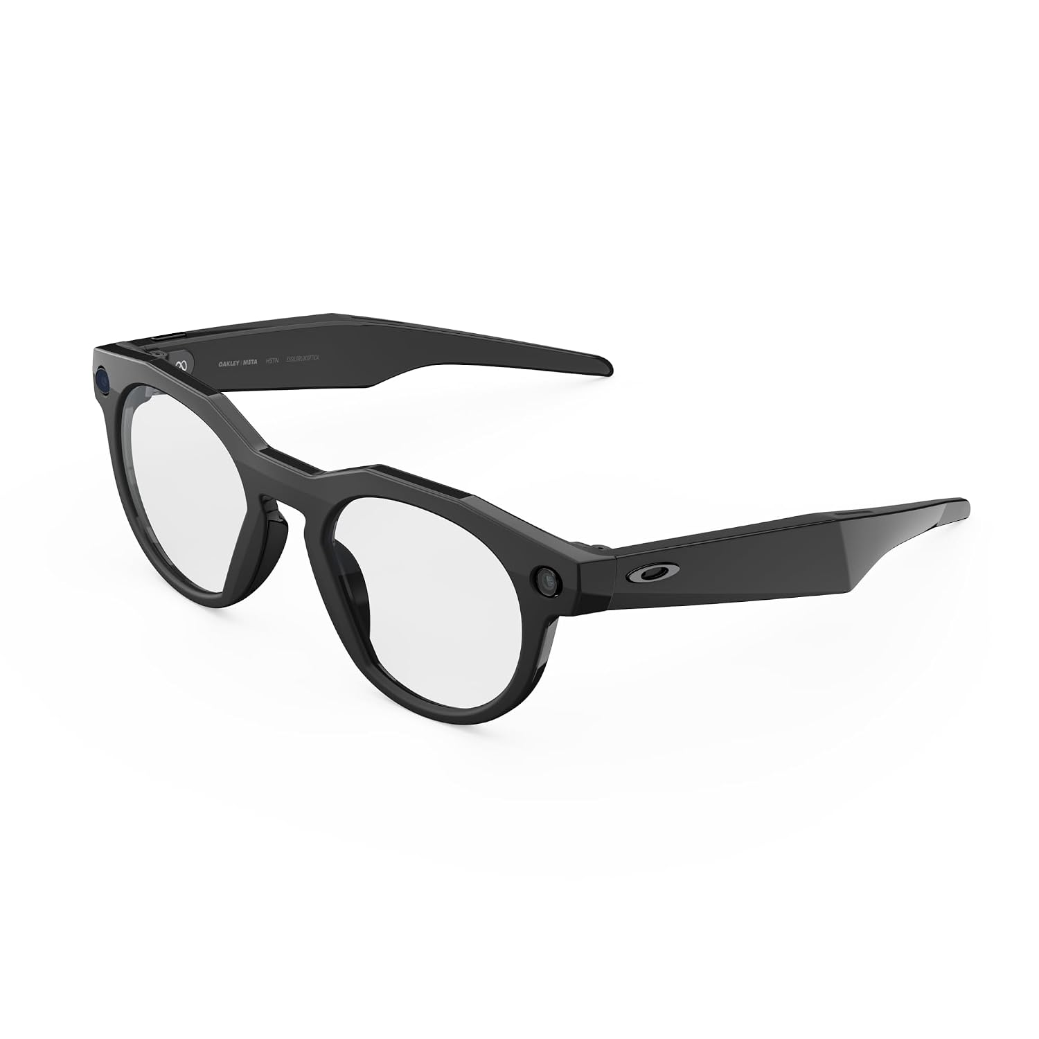 AI smart glasses with clear frame and Transitions grey lenses, front and side view โ view 3a