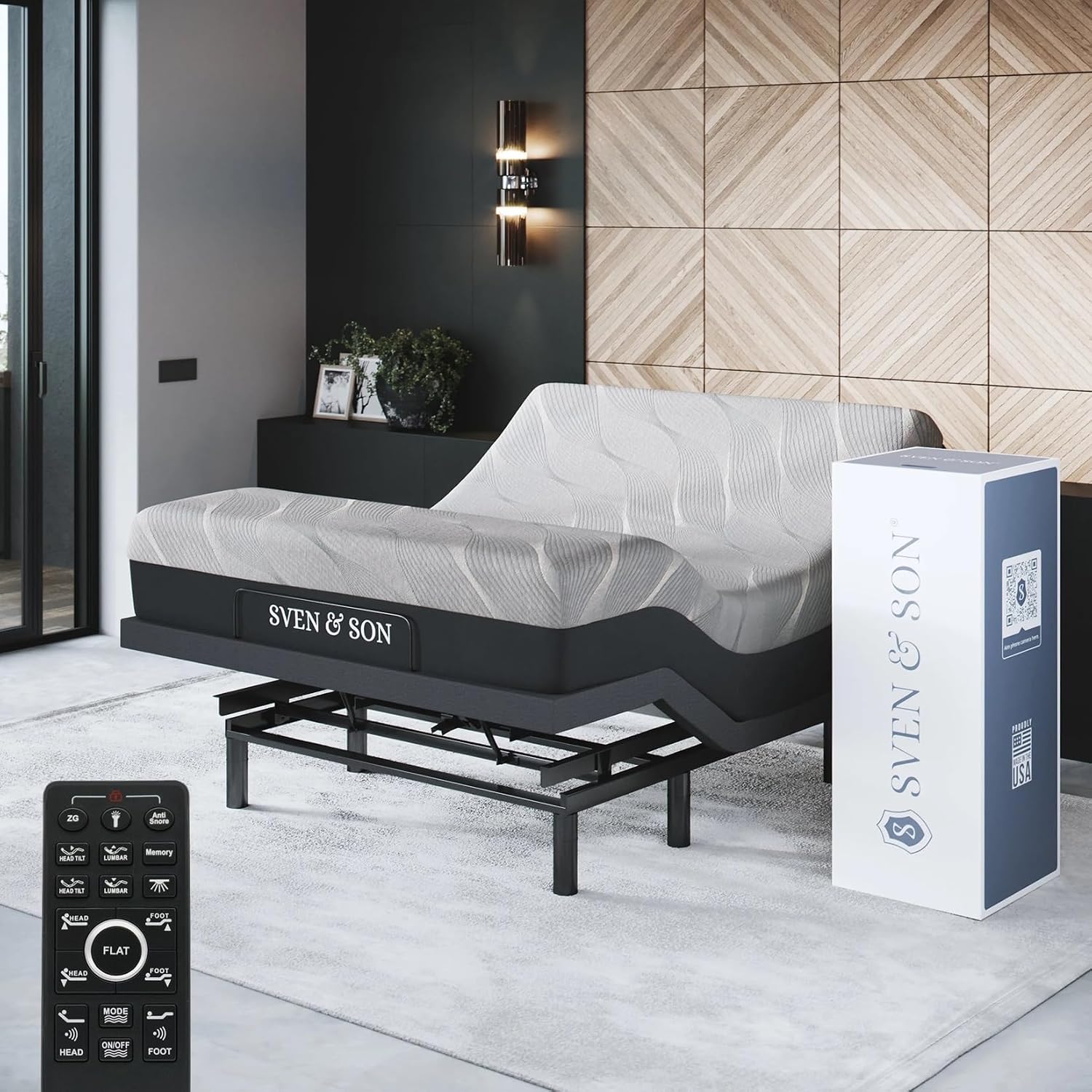Adjustable bed base frame with memory foam mattress, head and foot lift controls, under-bed lighting, and massage feature in [finish color] — view 1