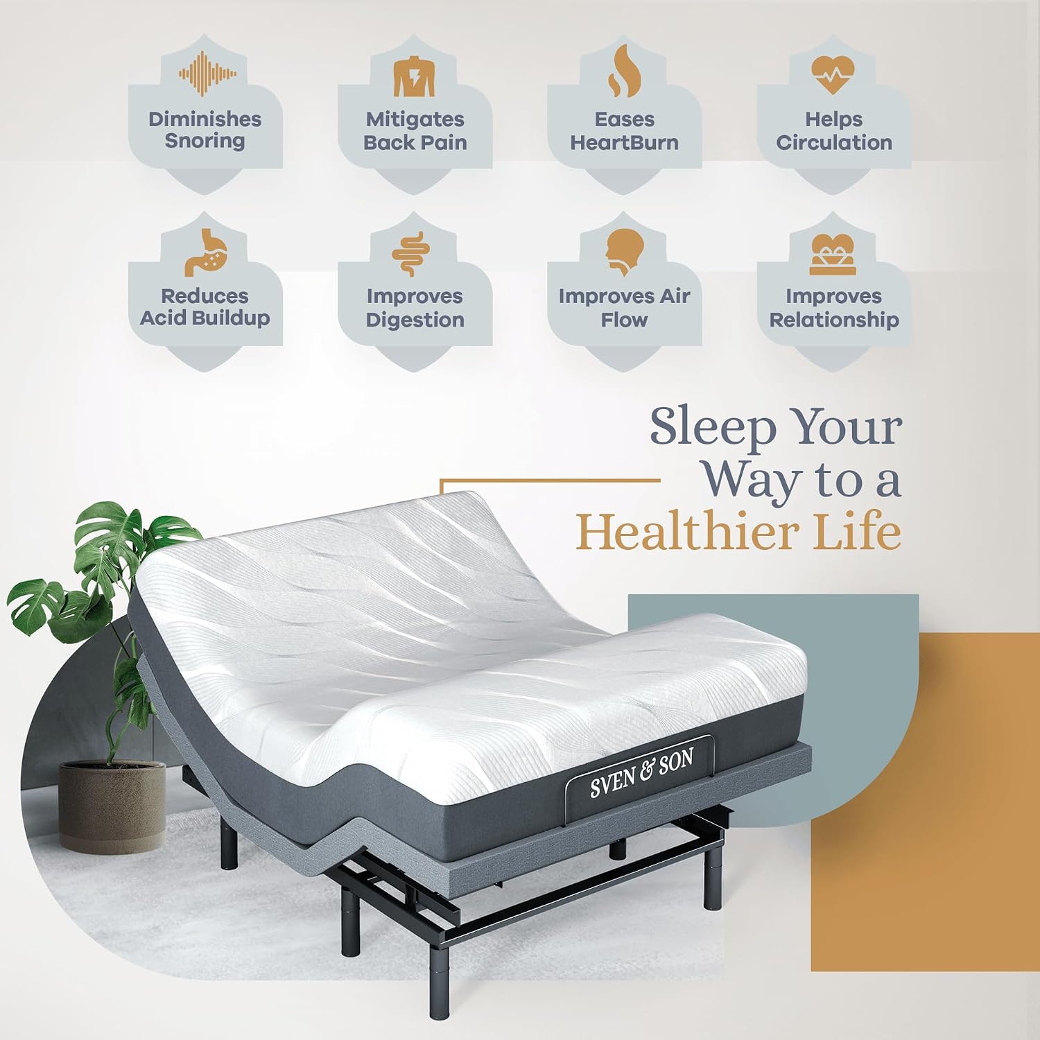 Adjustable bed base frame with memory foam mattress, head and foot lift controls, under-bed lighting, and massage feature in [finish color] — view 3