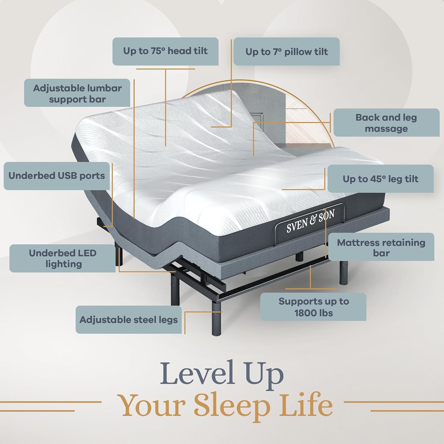Adjustable bed base frame with memory foam mattress, head and foot lift controls, under-bed lighting, and massage feature in [finish color] — view 2
