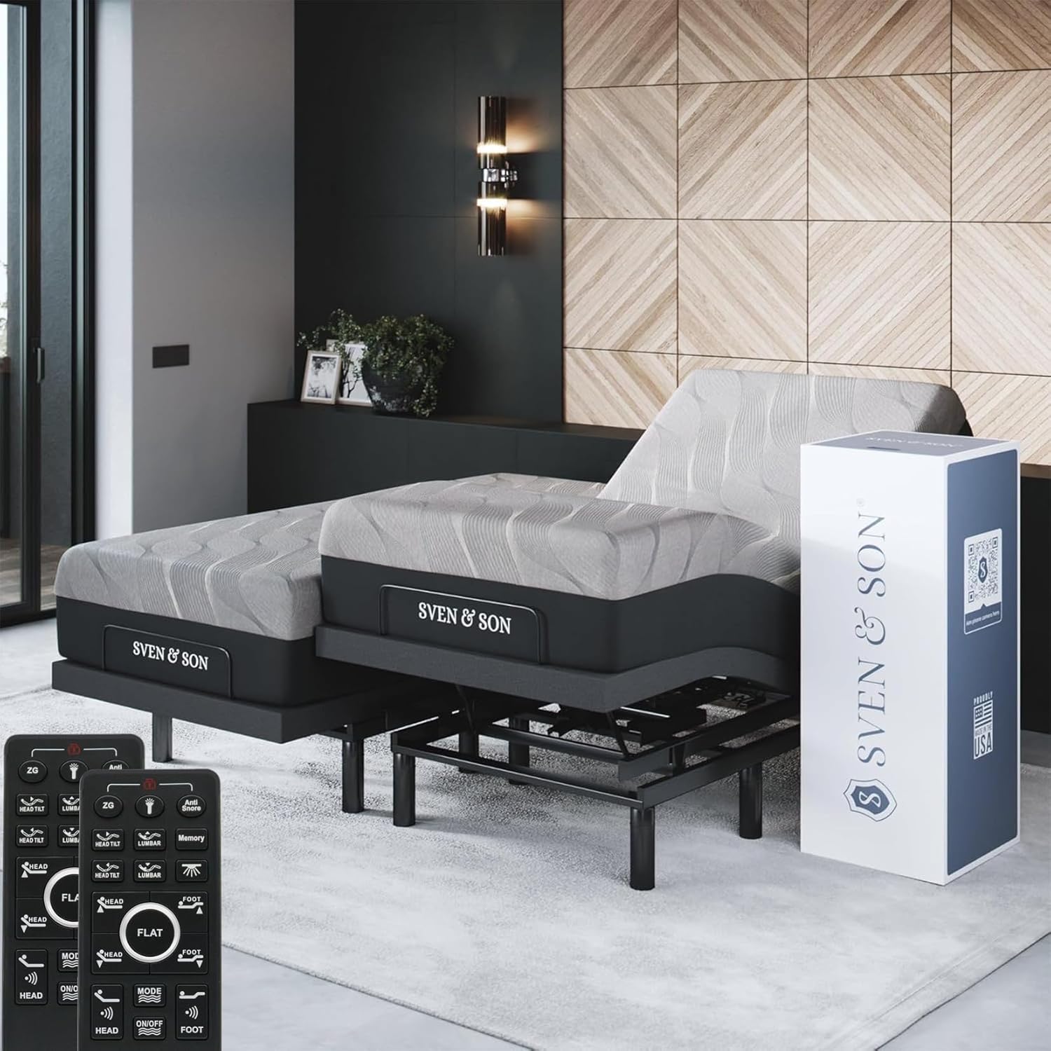 Adjustable bed base frame with memory foam mattress, head and foot lift controls, under-bed lighting, and massage feature in [finish color] — view 5