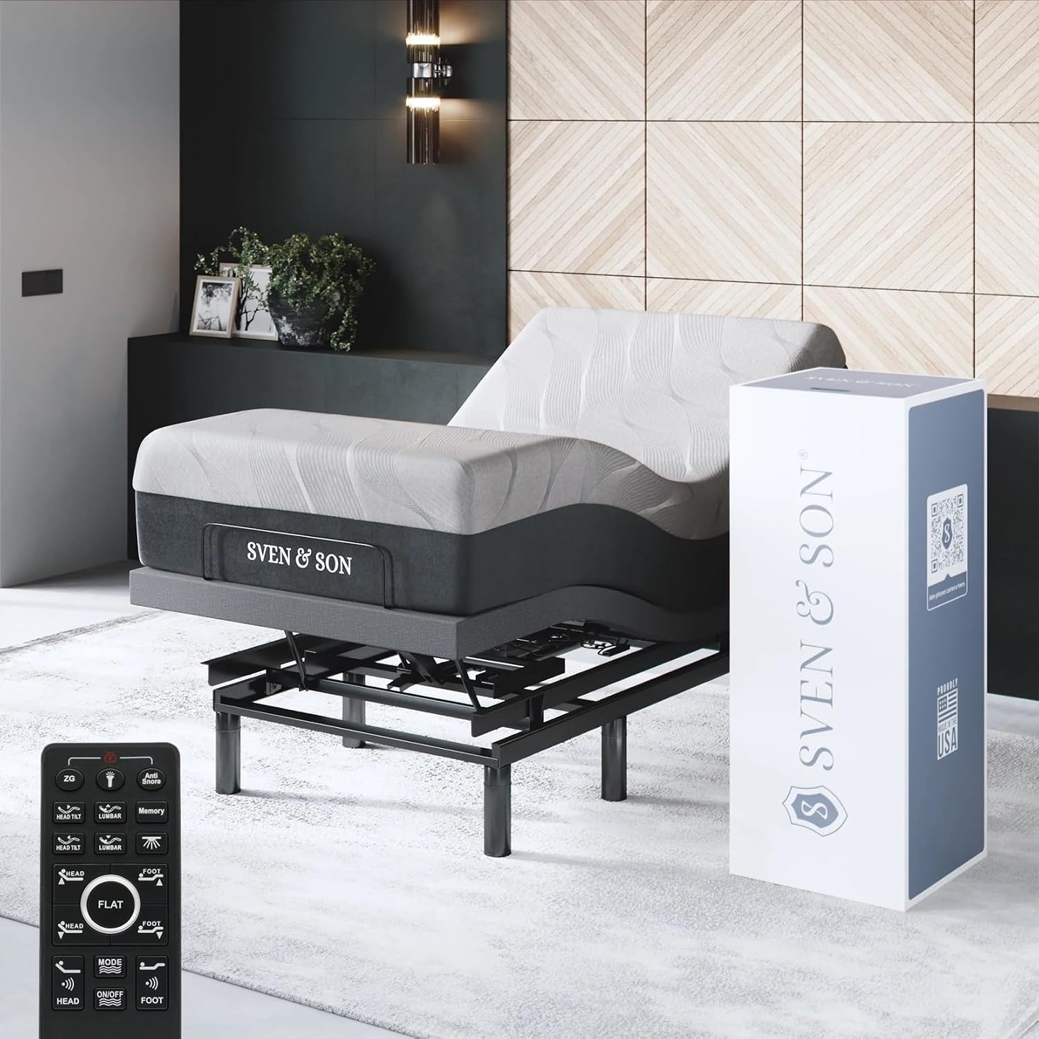Adjustable bed base frame with memory foam mattress, head and foot lift controls, under-bed lighting, and massage feature in [finish color] — view 1