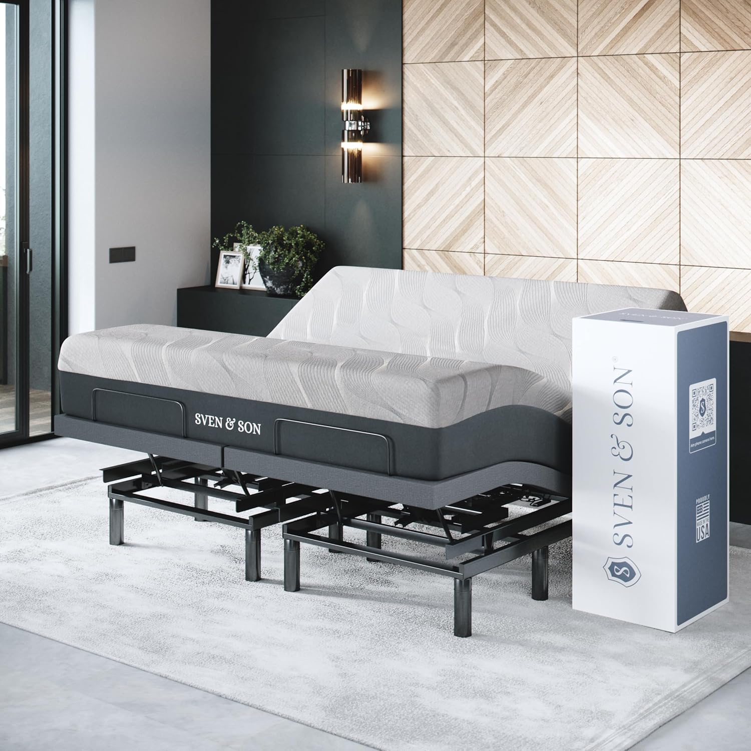 Adjustable bed base frame with memory foam mattress, head and foot lift controls, under-bed lighting, and massage feature in [finish color] — view 2