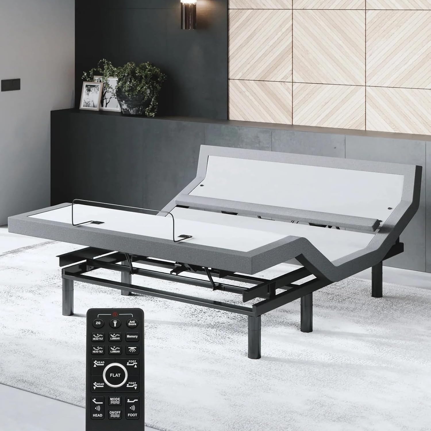 Adjustable bed base frame with memory foam mattress, head and foot lift controls, under-bed lighting, and massage feature in [finish color] — view 4