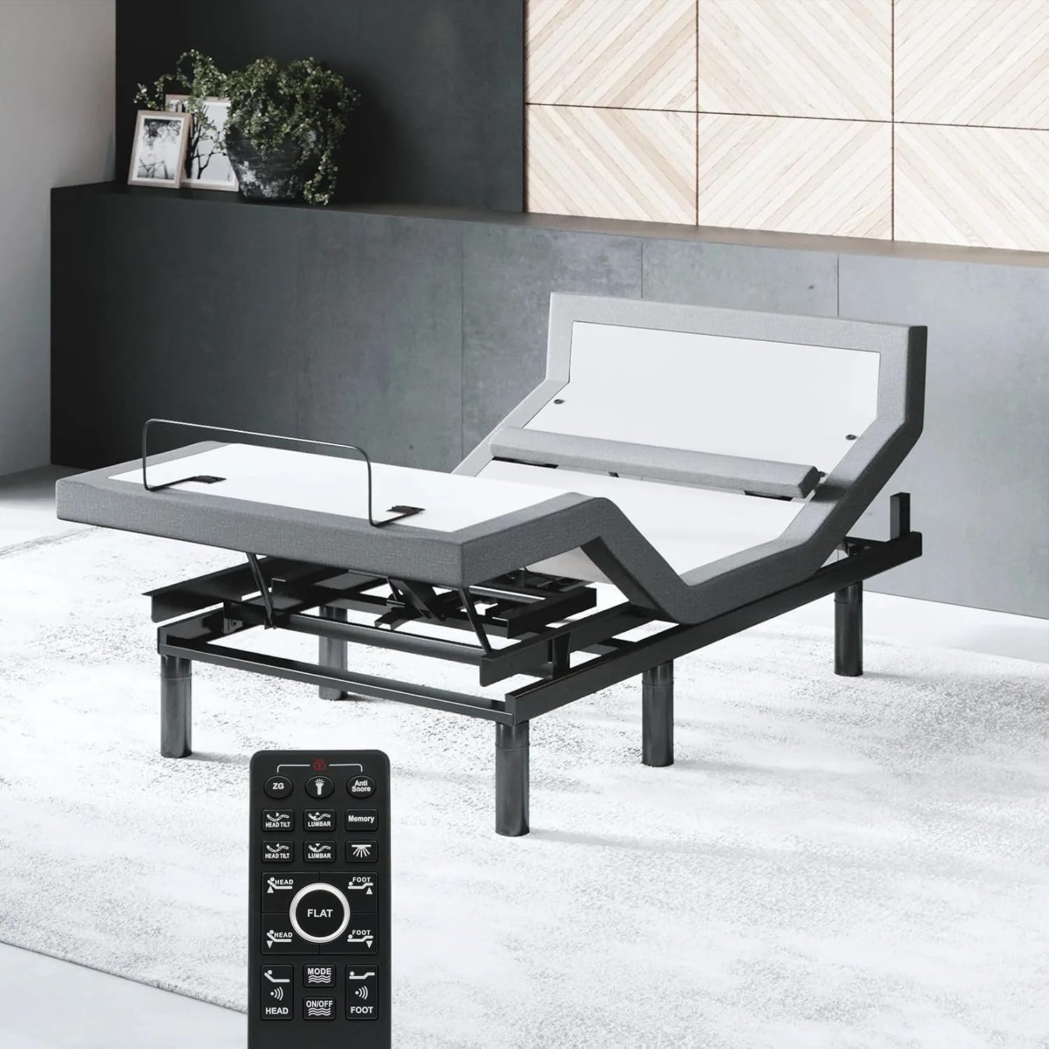 Adjustable bed base frame with memory foam mattress, head and foot lift controls, under-bed lighting, and massage feature in [finish color] — view 5a