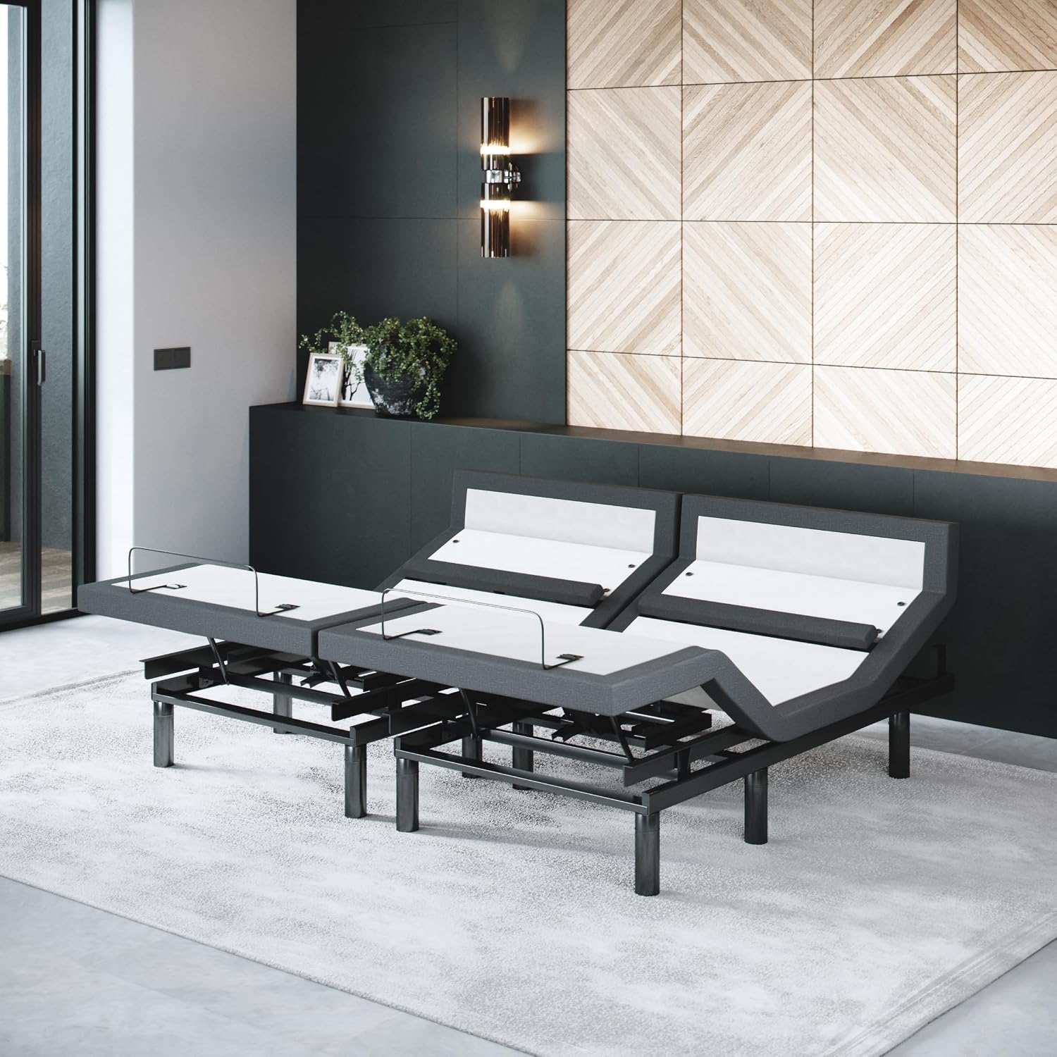 Adjustable bed base frame with memory foam mattress, head and foot lift controls, under-bed lighting, and massage feature in [finish color] — view 5b