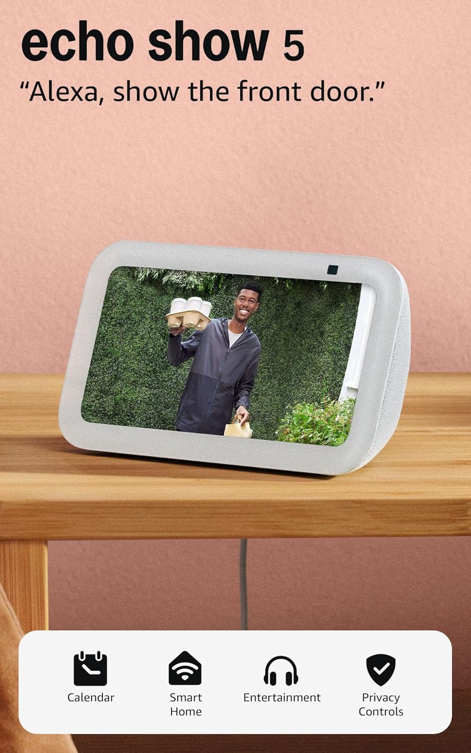 Amazon Echo Show 5 smart display in Glacier White with 5-inch screen and enhanced speaker grille, front view โ view 1
