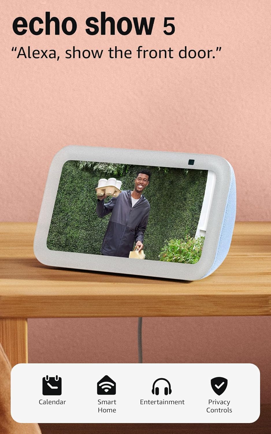 Amazon Echo Show 5 smart display in Glacier White with 5-inch screen and enhanced speaker grille, front view โ view 5a
