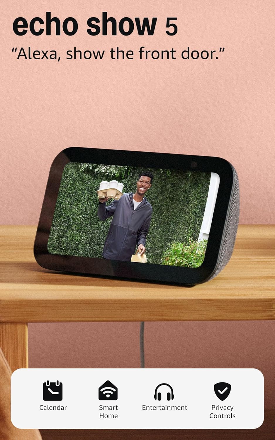 Amazon Echo Show 5 smart display in Glacier White with 5-inch screen and enhanced speaker grille, front view โ view 5b