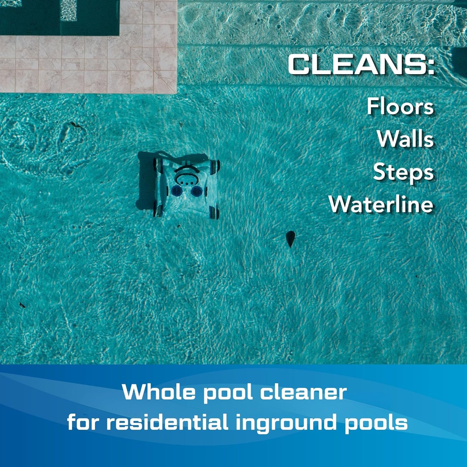Cordless robotic pool cleaner with wall-climbing capability and strong suction, shown in pool setting โ side
