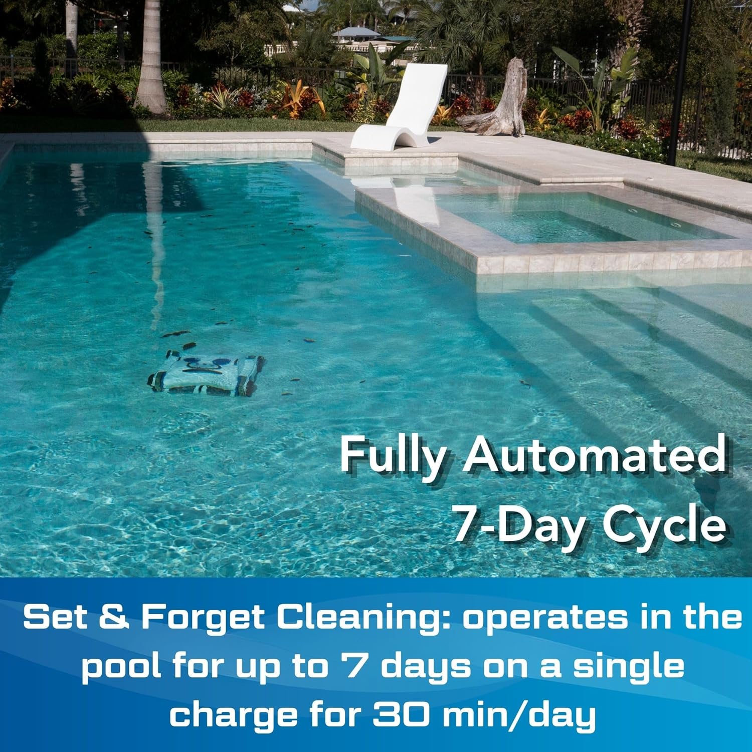Cordless robotic pool cleaner with wall-climbing capability and strong suction, shown in pool setting โ back