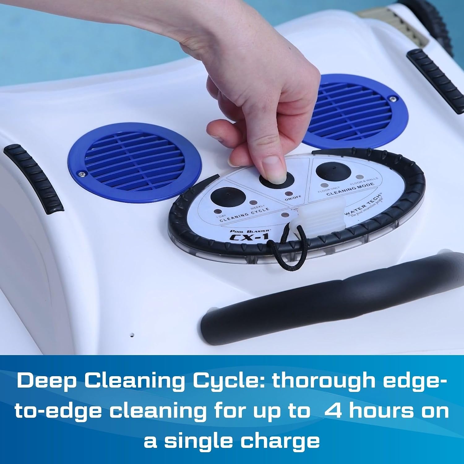 Cordless robotic pool cleaner with wall-climbing capability and strong suction, shown in pool setting โ detail
