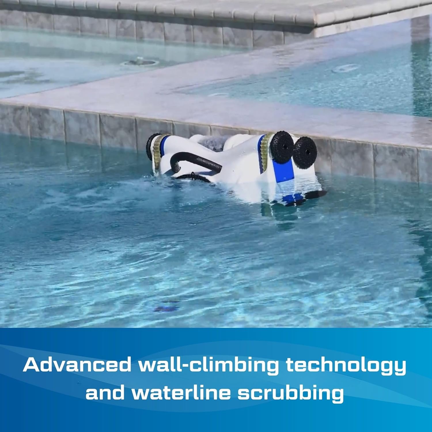 Cordless robotic pool cleaner with wall-climbing capability and strong suction, shown in pool setting — view 2