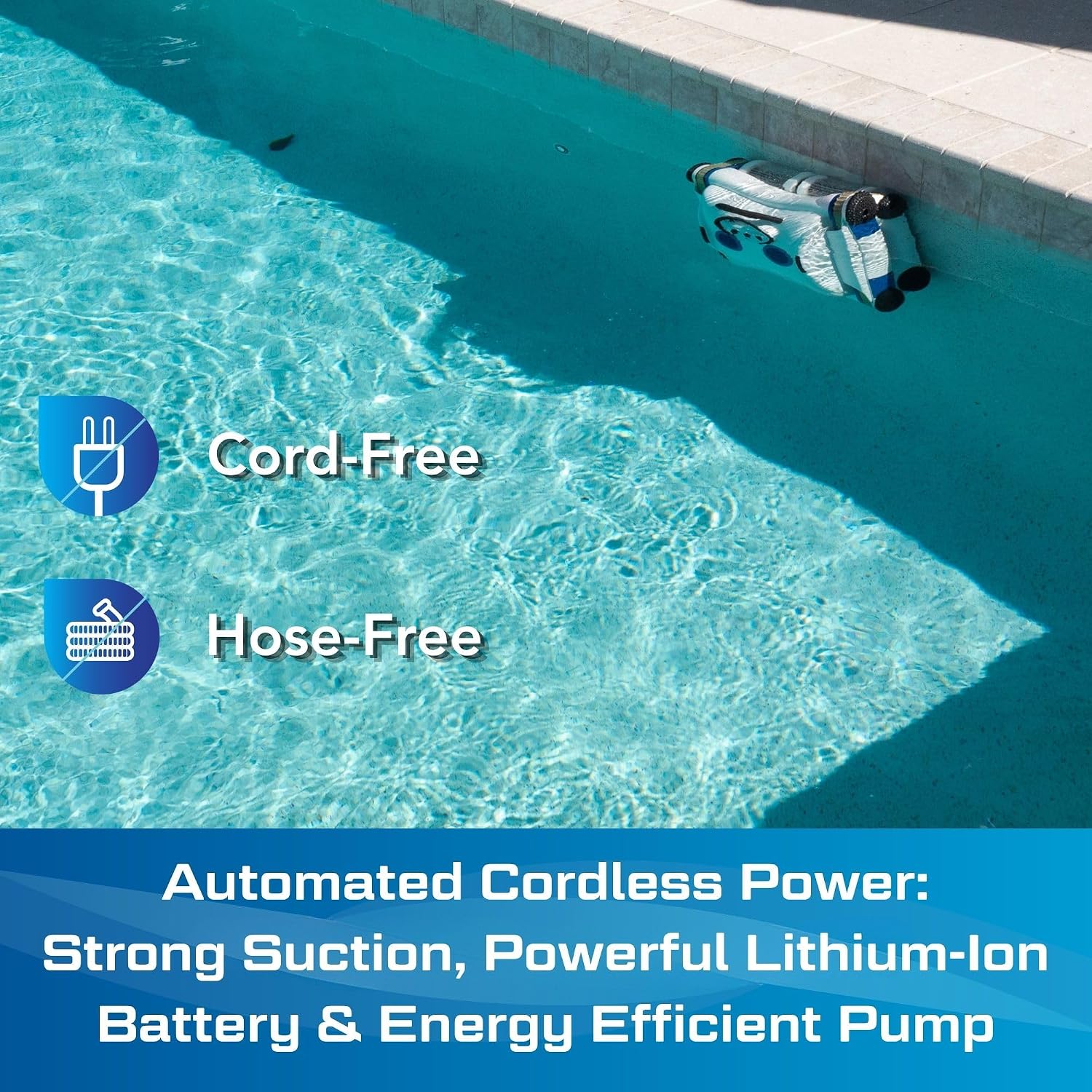 Cordless robotic pool cleaner with wall-climbing capability and strong suction, shown in pool setting — view 4