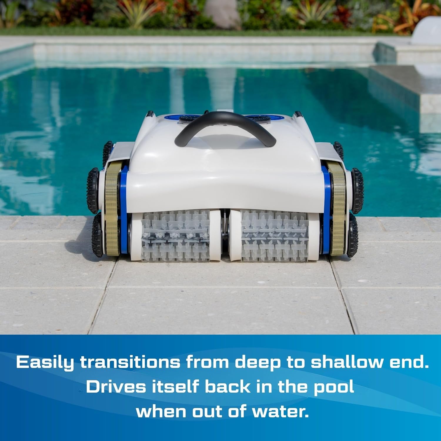 Cordless robotic pool cleaner with wall-climbing capability and strong suction, shown in pool setting โ view 2