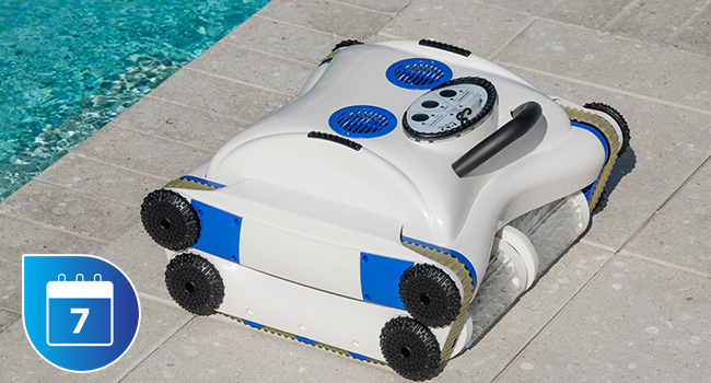 Cordless robotic pool cleaner with wall-climbing capability and strong suction, shown in pool setting โ view 3b