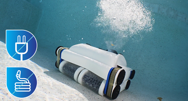 Cordless robotic pool cleaner with wall-climbing capability and strong suction, shown in pool setting โ view 5a