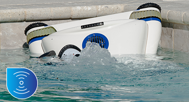 Cordless robotic pool cleaner with wall-climbing capability and strong suction, shown in pool setting โ view 5b