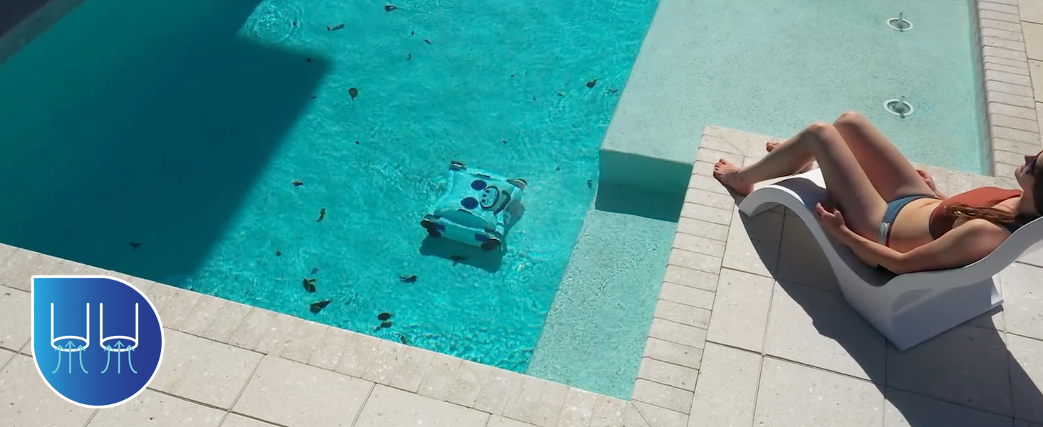 Cordless robotic pool cleaner with wall-climbing capability and strong suction, shown in pool setting โ view 7a