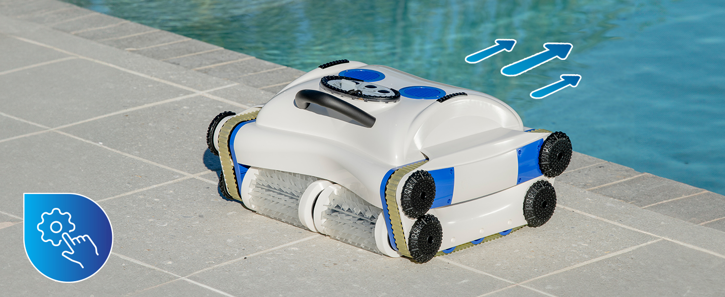 Cordless robotic pool cleaner with wall-climbing capability and strong suction, shown in pool setting โ view 7b