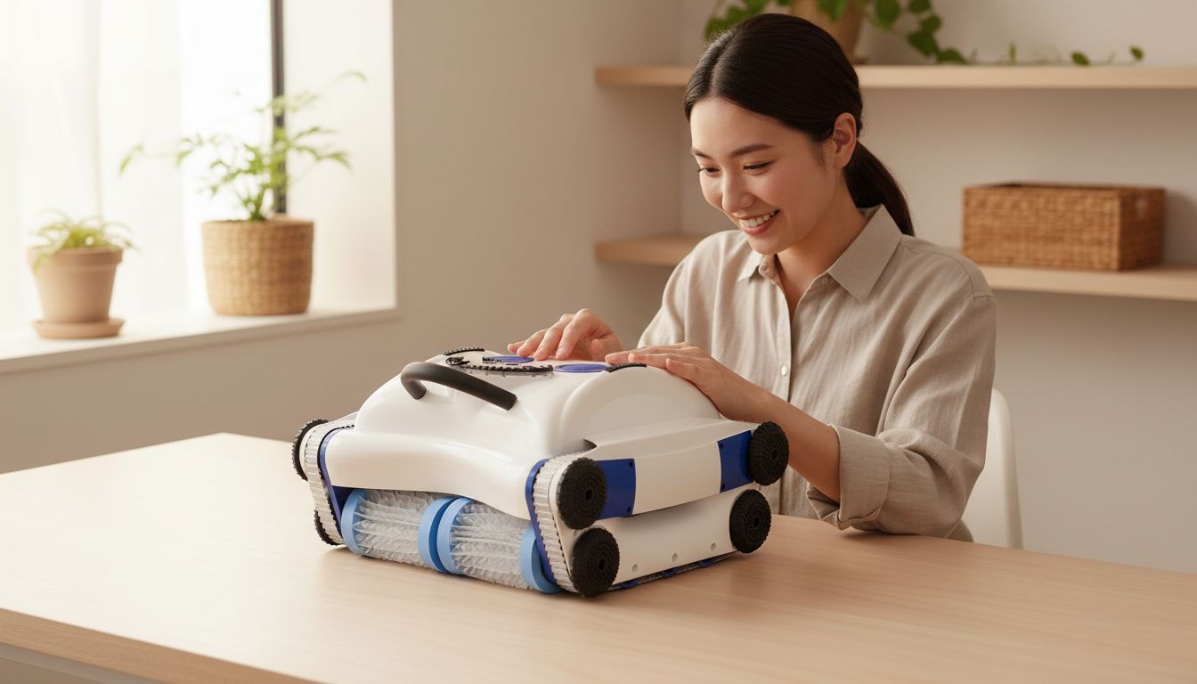 Cordless robotic pool cleaner with wall-climbing capability and strong suction, shown in pool setting โ view 1