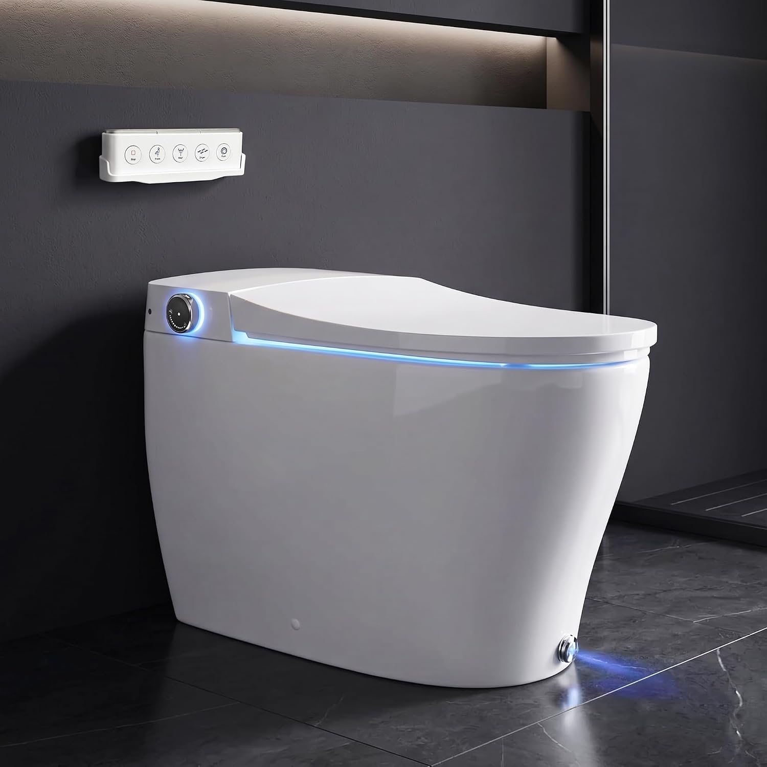 One-piece smart bidet toilet with elongated bowl, remote control, and integrated night light โ front