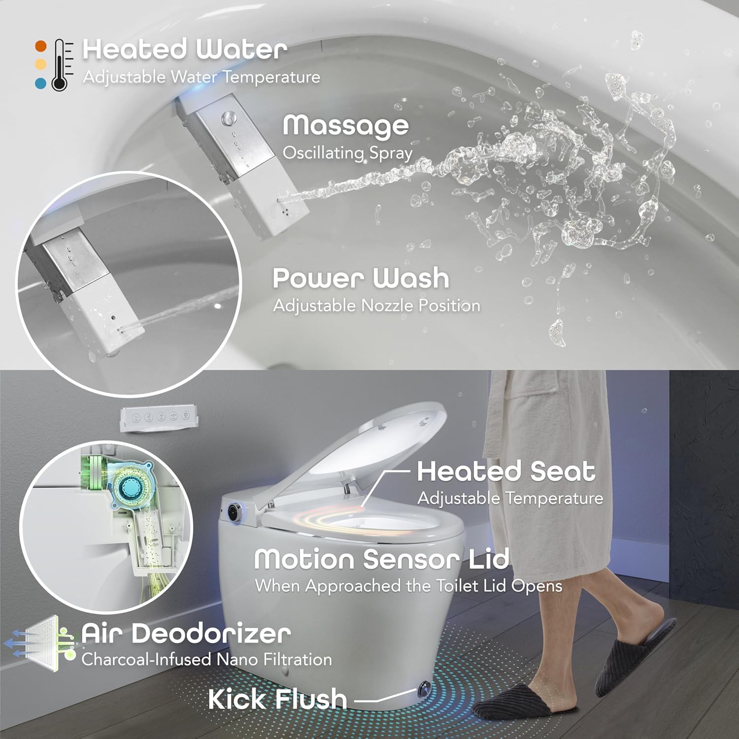 One-piece smart bidet toilet with elongated bowl, remote control, and integrated night light โ side