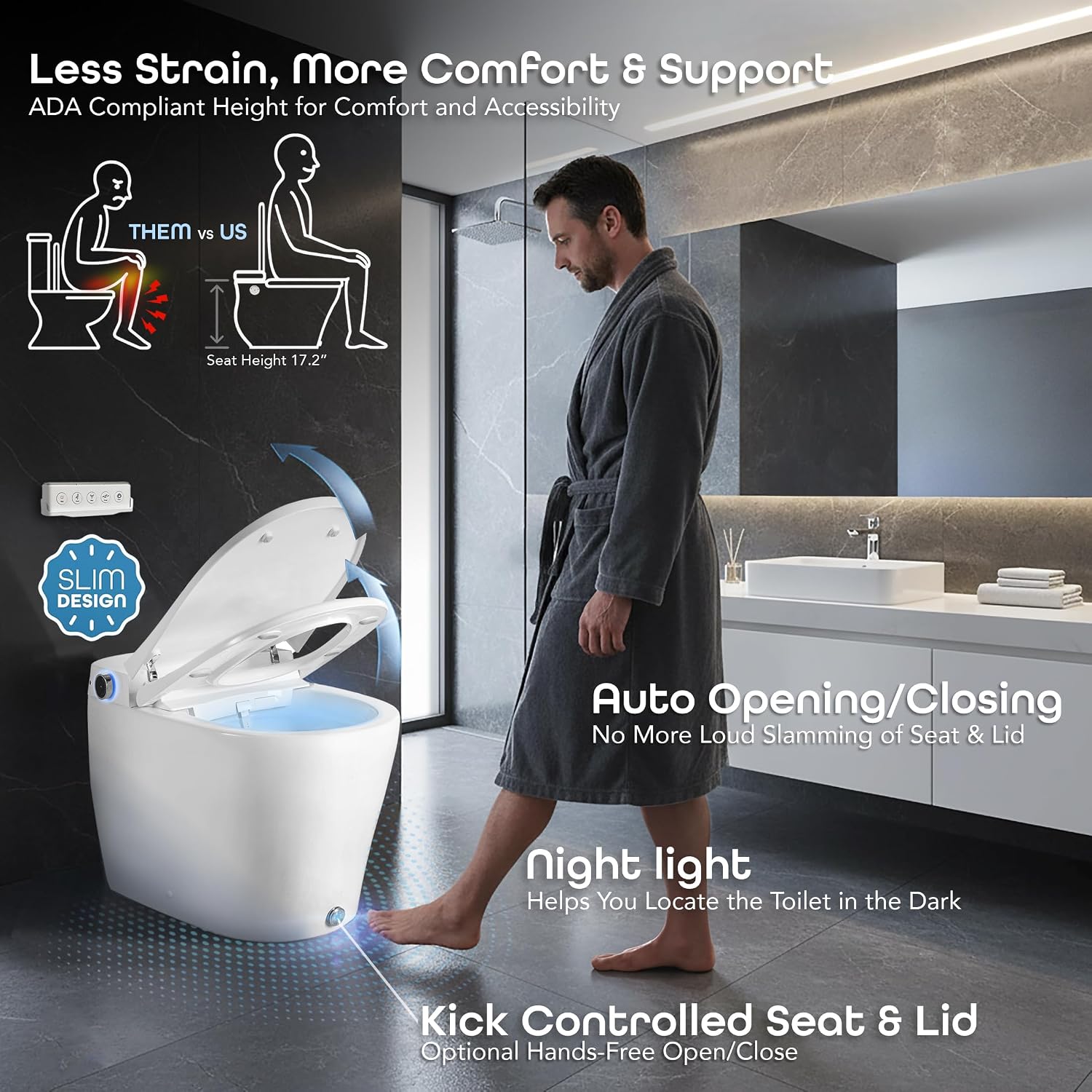 One-piece smart bidet toilet with elongated bowl, remote control, and integrated night light โ detail