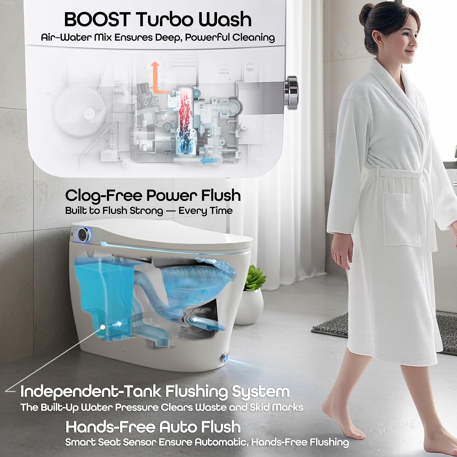 One-piece smart bidet toilet with elongated bowl, remote control, and integrated night light — view 3