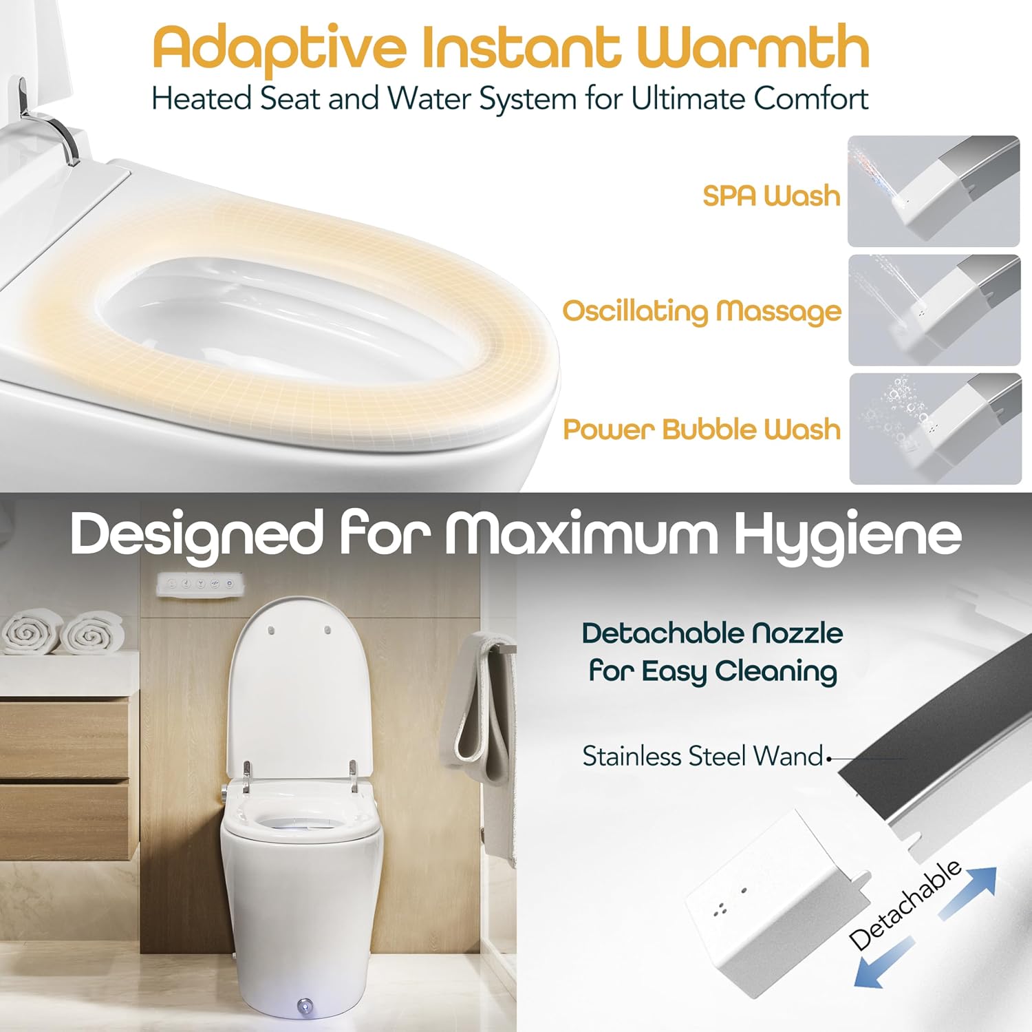 One-piece smart bidet toilet with elongated bowl, remote control, and integrated night light — view 4
