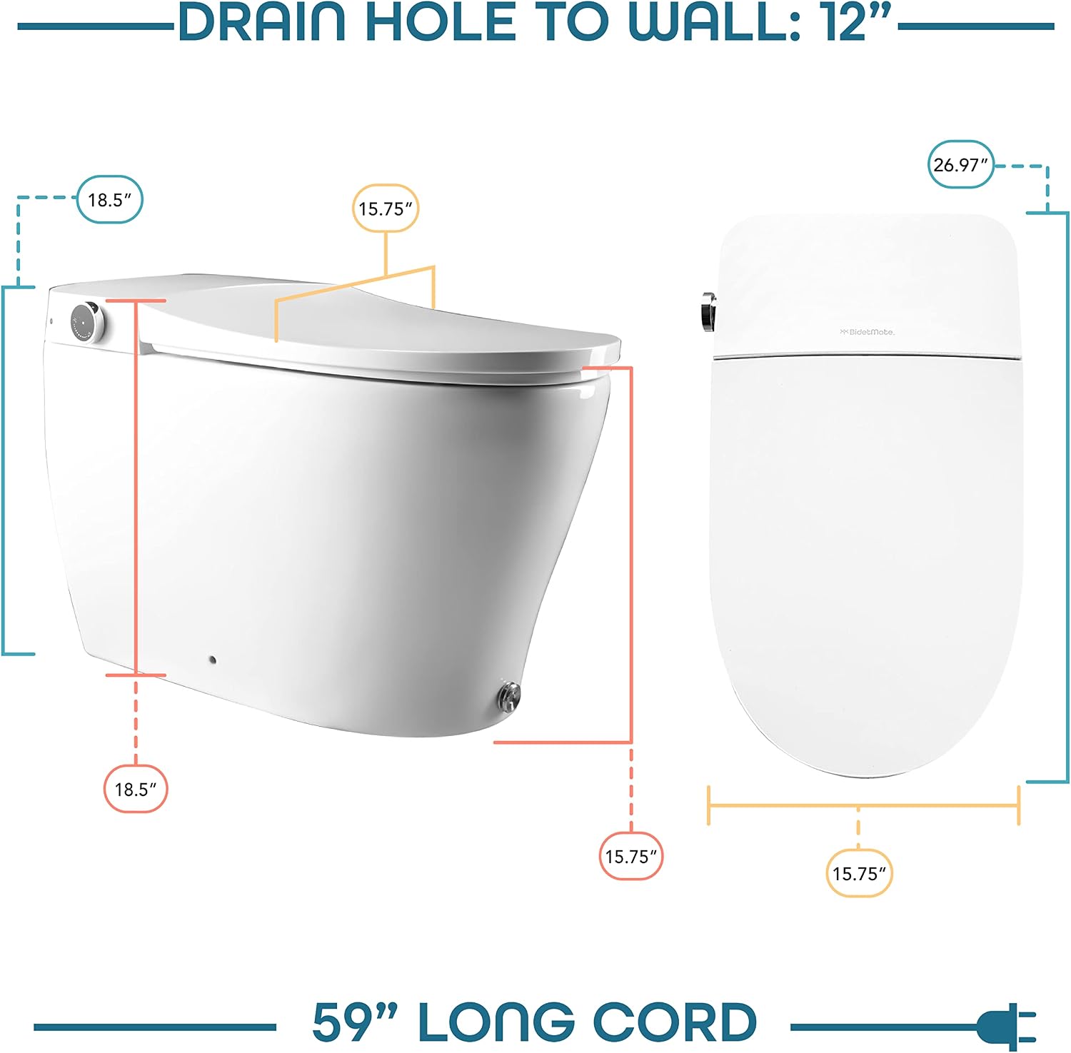 One-piece smart bidet toilet with elongated bowl, remote control, and integrated night light — view 5