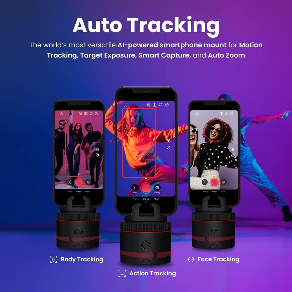 Auto-tracking phone holder with 360° rotation and sleek black finish, showing mounted smartphone during video recording — side