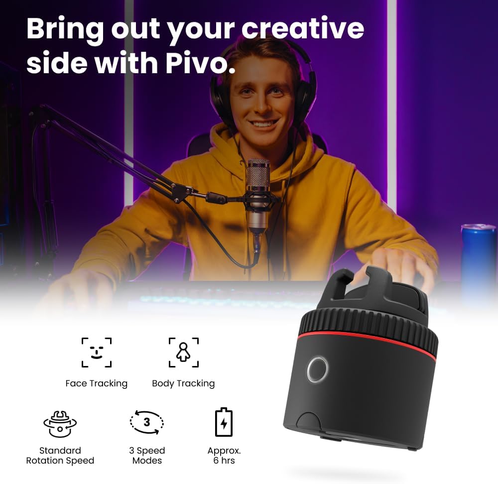 Auto-tracking phone holder with 360° rotation and sleek black finish, showing mounted smartphone during video recording — back